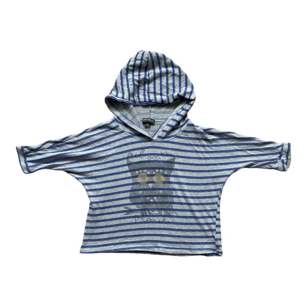Forever 21 Plus Blue Gray Stripe Owl Hooded Pullover Cropped Sweatshirt | 1X